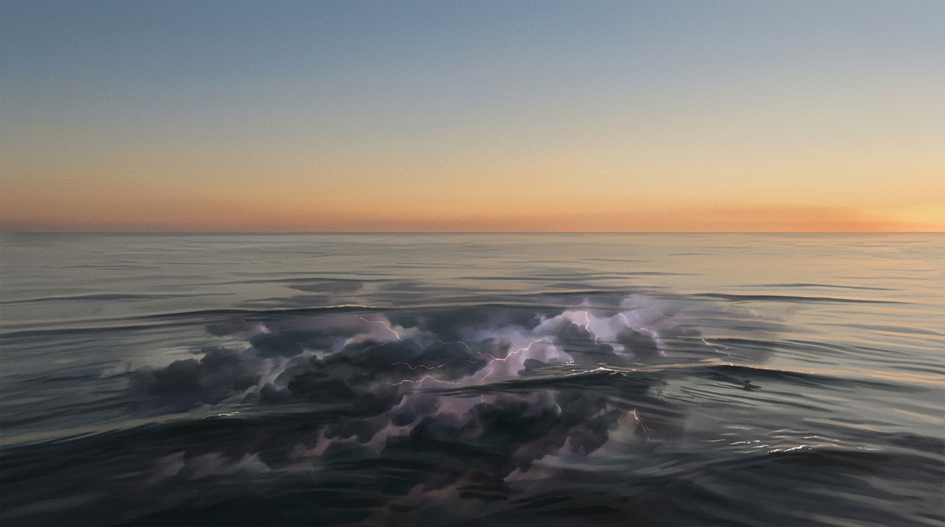 Mar gris bajo un cielo despejado que refleja nubes de tormenta, imagen del mar cuando la tormenta ya ha pasado y de la perturbación del alma según Séneca.