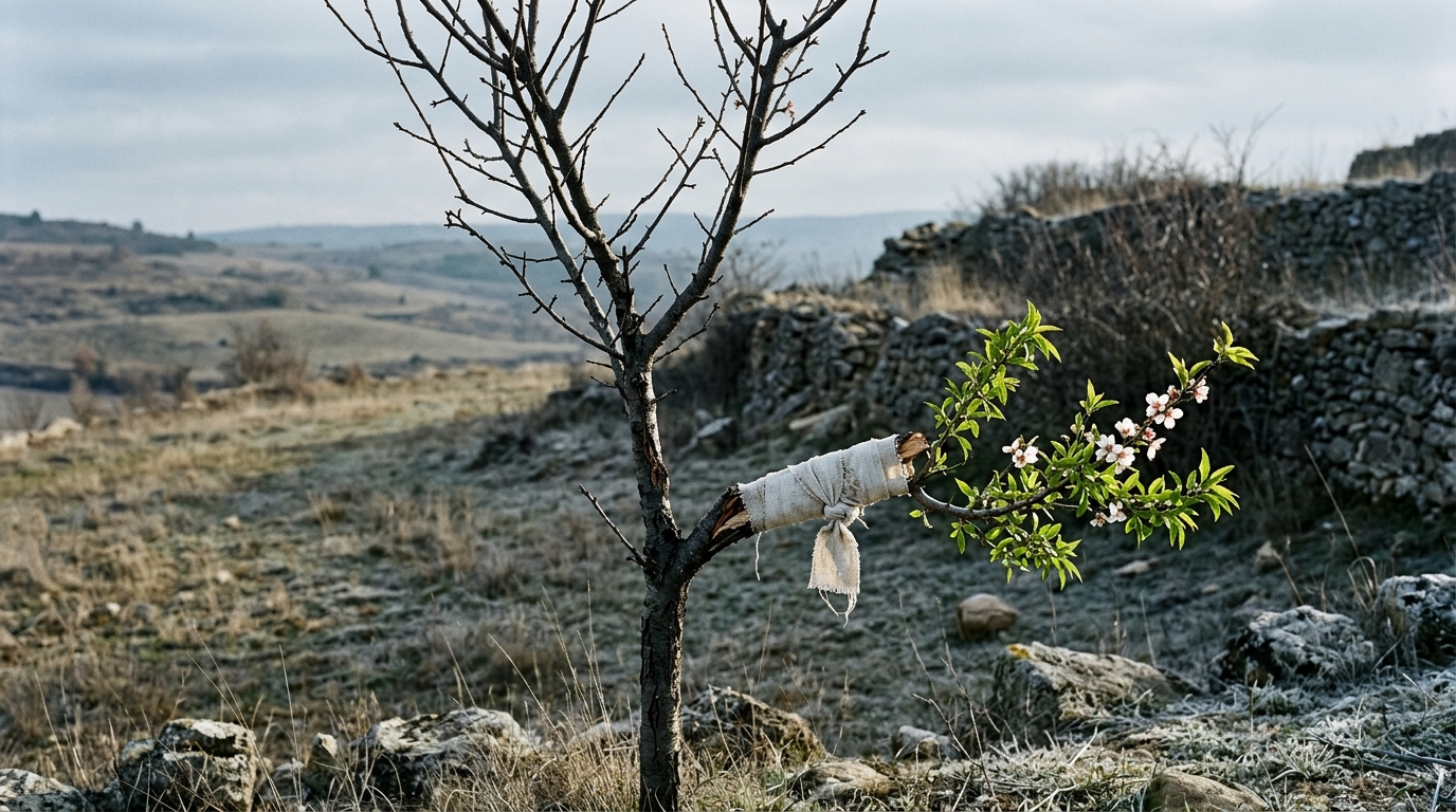 Rama partida de un almendro, vendada con lino y con hojas verdes mientras el árbol está desnudo, imagen de Séneca: perdonar al culpable como se cura un miembro propio.