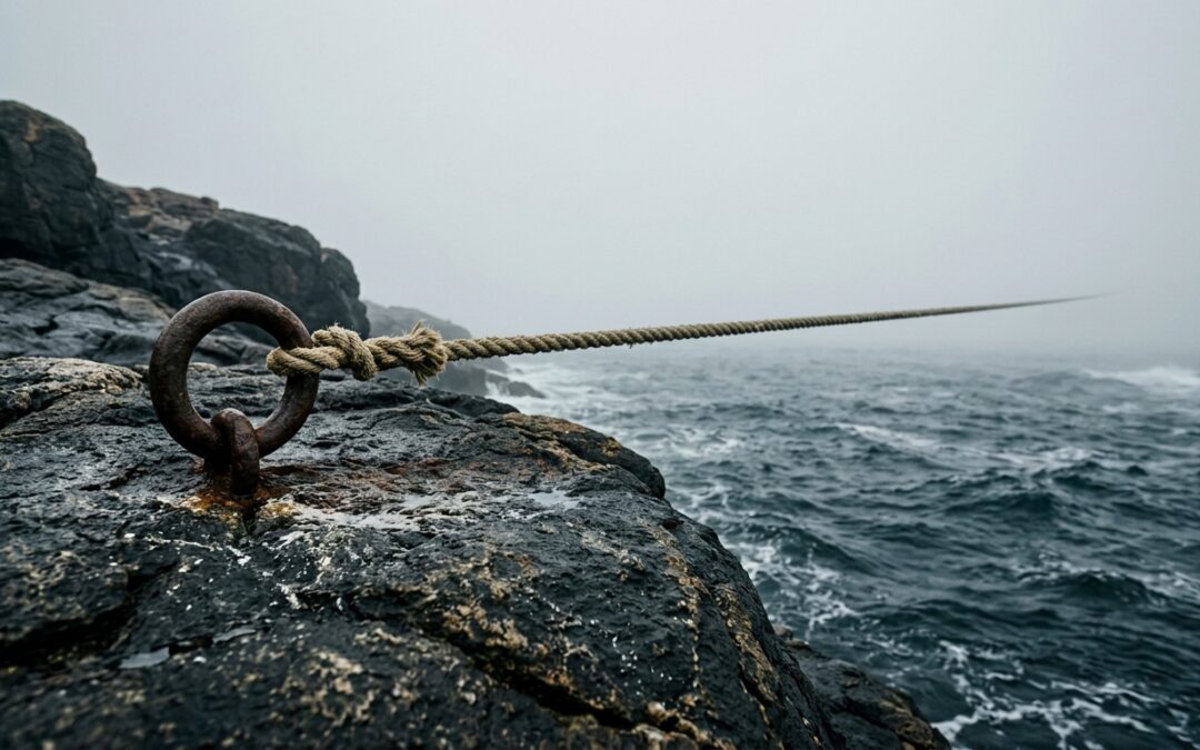 Cuerda tendida en línea recta desde una roca firme sobre un mar agitado, imagen de la compasión estoica según Séneca: ayudar sin hundirse.