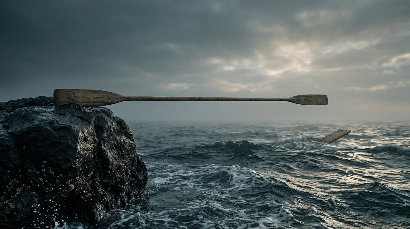 Remo larguísimo tendido desde una roca firme hasta un tablón que flota en un mar agitado, imagen de Séneca: ofrecer la mano al náufrago con el pie en tierra firme.