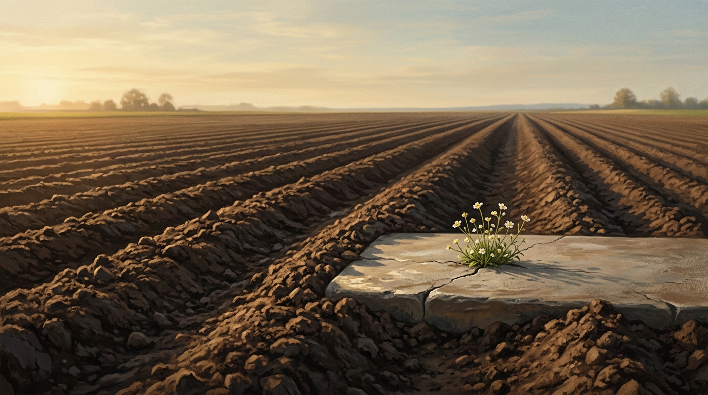 Campo arado con unas pocas flores que brotan de una losa de hormigón al borde de un surco, imagen del placer que llega de paso según Séneca.