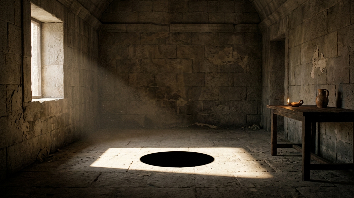 Habitación iluminada por una ventana con un óvalo de oscuridad en el suelo, imagen de Harpaste y de la ceguera que no se sabe ciega según Séneca.

