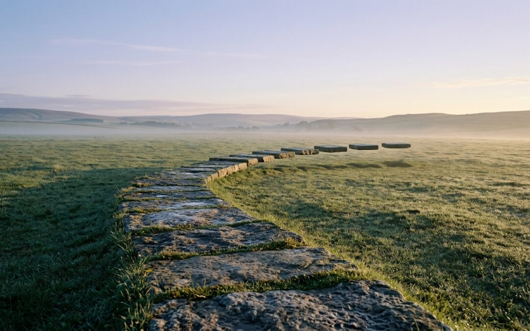 Sendero de losas de piedra sobre un llano en el que las últimas losas flotan un palmo sobre la hierba, imagen del sabio estoico y de quien avanza hacia él.