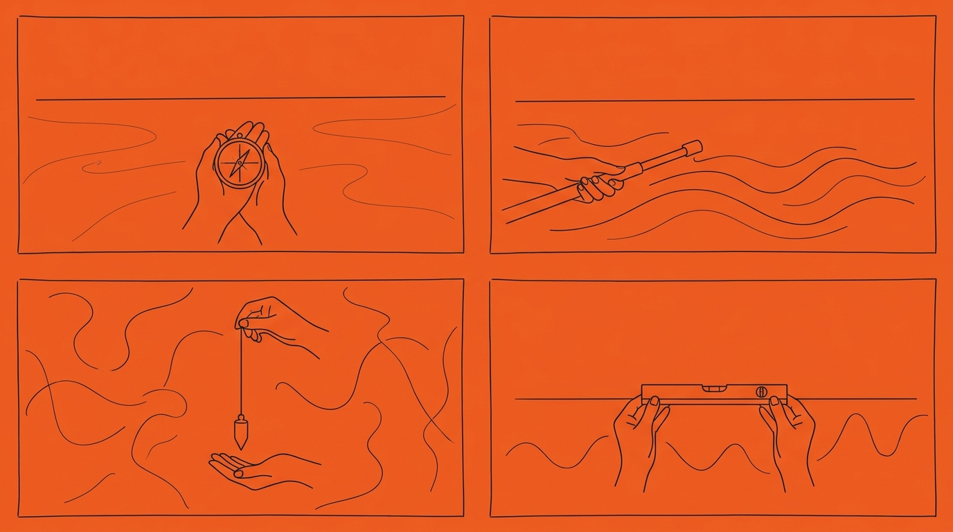 Dibujo de línea fina sobre fondo naranja sobre orientarse por algo fijo y lejano, imagen del propósito según Séneca.