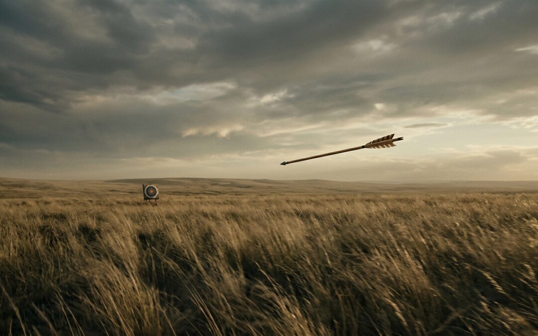Llanura de hierba alta movida por el viento, con una flecha detenida en el aire camino de un blanco lejano, imagen del telos, el fin último según los estoicos.