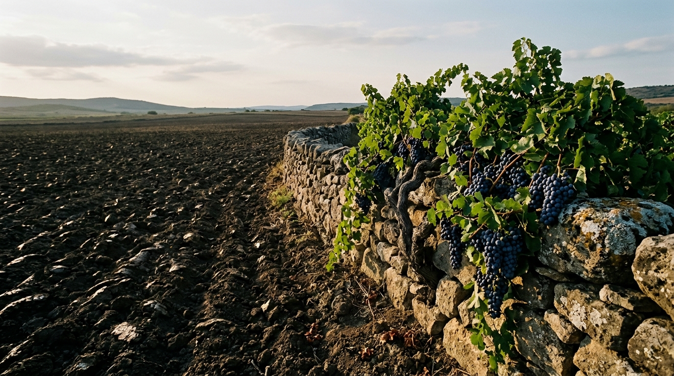Muro bajo de piedra alrededor de un campo, con racimos de uvas maduras colgando de sus piedras, la imagen con la que los estoicos explicaban las tres partes de su filosofía.