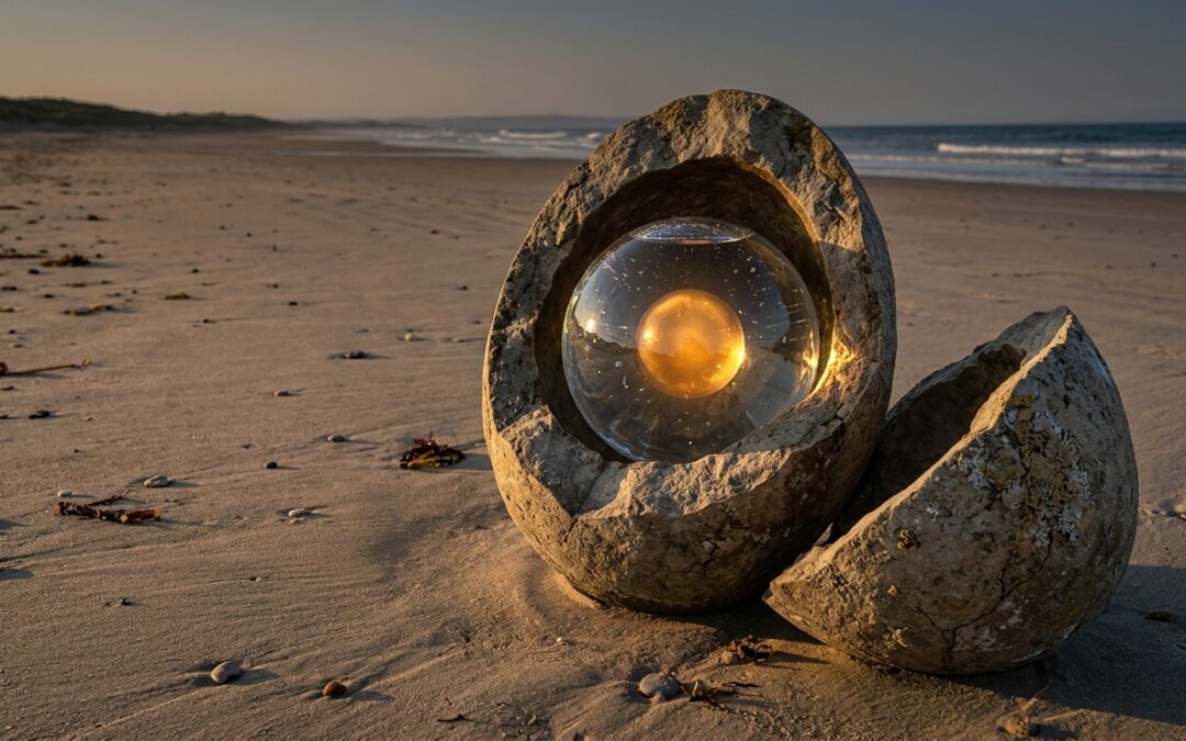 Piedra partida por la mitad que muestra por dentro corteza, agua clara y un centro luminoso, imagen de la lógica, la física y la ética, las tres partes de la filosofía estoica.